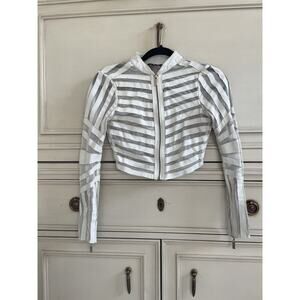 Bebe Beige Genuine Leather Cropped Striped Biker Jacket Partial Mesh Size XS Y2K